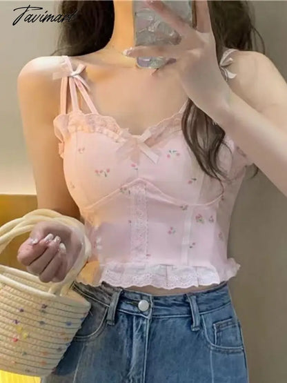 Tavimart Summer Lace Kawaii Strap Vest Women Slim Bow Japanese Sweet Cute Vest Female Korean Fashion Designer Sleeveless Crop Tops