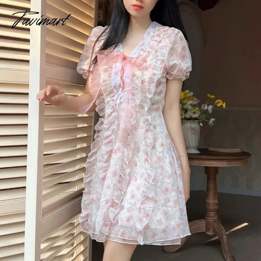 Tavimart Summer Lace Print Sweet Dress Women Designer Patchwork Kawaii Mini Dress Female Korean Fashion Bow Slim Cute Party Dresses