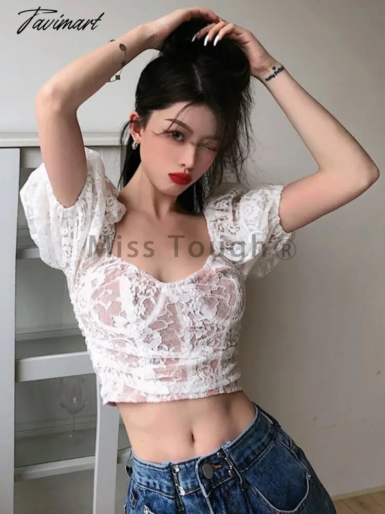 Tavimart Summer Lace Solid Sweet Tops Women Designer Backless Sexy Top Female Korean Fashion Pink Lining Midriff Chic Party Tops New