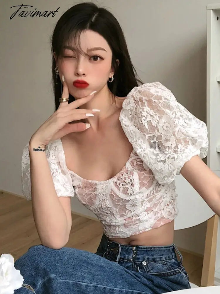 Tavimart Summer Lace Solid Sweet Tops Women Designer Backless Sexy Top Female Korean Fashion Pink Lining Midriff Chic Party Tops New