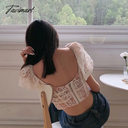 Tavimart Summer Lace Solid Sweet Tops Women Designer Backless Sexy Top Female Korean Fashion Pink Lining Midriff Chic Party Tops New