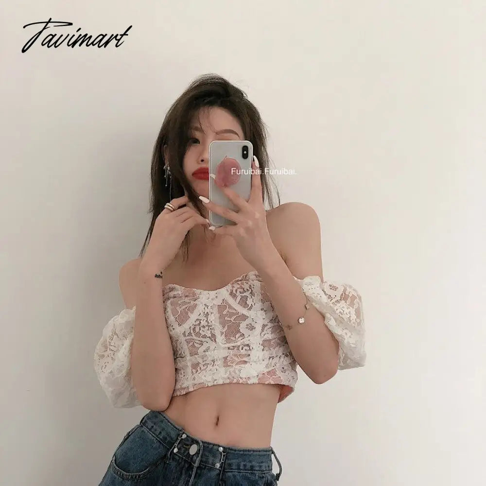 Tavimart Summer Lace Solid Sweet Tops Women Designer Backless Sexy Top Female Korean Fashion Pink Lining Midriff Chic Party Tops New