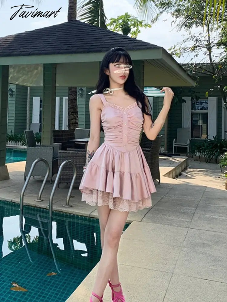 Tavimart Summer Lolita Satin Folds Dress Pink Lace Sweet Sexy Women Mini Dress French Y2k Party One Piece Dress Korean Fashion Chic