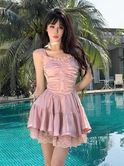 Tavimart Summer Lolita Satin Folds Dress Pink Lace Sweet Sexy Women Mini Dress French Y2k Party One Piece Dress Korean Fashion Chic