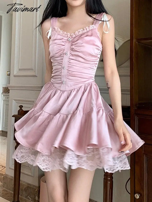 Tavimart Summer Lolita Satin Folds Dress Pink Lace Sweet Sexy Women Mini Dress French Y2k Party One Piece Dress Korean Fashion Chic