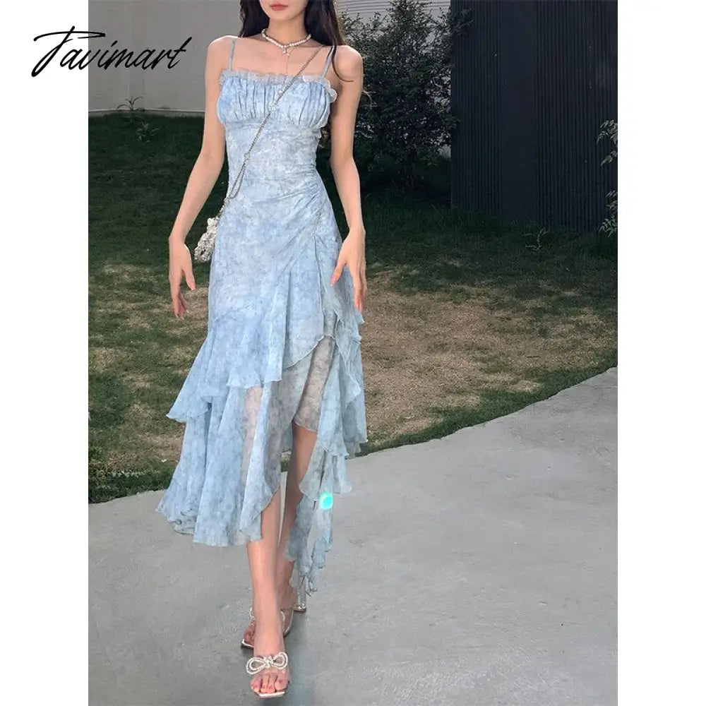 Tavimart Summer Midi Dresses Korean Sweet Floral Print Irregular Ruffles Patchwork Spaghetti Straps Slim Sundress Beachwear Holiday Robe