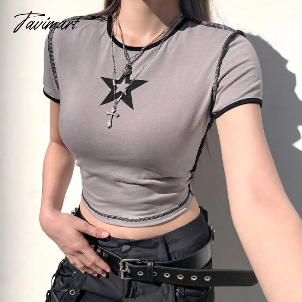 vzyzv Summer New O-neck Star Print T-shirts Y2k High Street Short Sleeve Tee Shirt American Sexy Hot Crop Top Slim Fit Tops Women