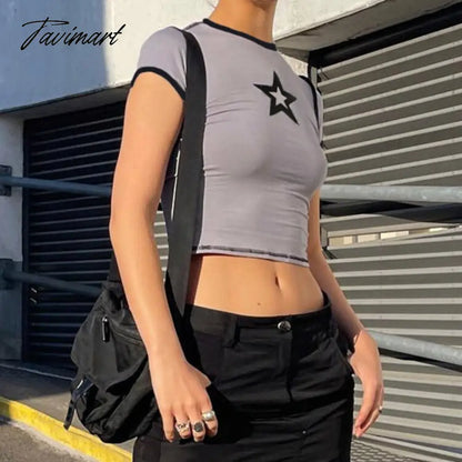 vzyzv Summer New O-neck Star Print T-shirts Y2k High Street Short Sleeve Tee Shirt American Sexy Hot Crop Top Slim Fit Tops Women