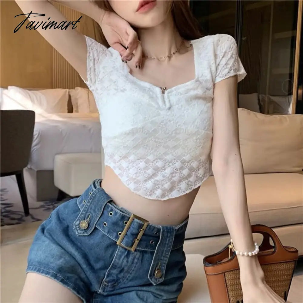 Tavimart Summer New Square Collar Lace Shirts for Women Sweet Hot Crop Top Bottoming Tops Korean Chic Slim Fit Short Sleeve Blusas Mujer