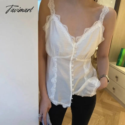 Tavimart Summer Sexy Y2k Tops Backless Lace Splicing Button V-neck White Suspender Tank Top New Korean Fashion Ropa De Mujer