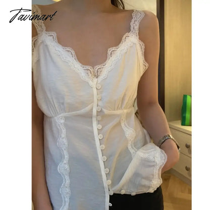 Tavimart Summer Sexy Y2k Tops Backless Lace Splicing Button V-neck White Suspender Tank Top New Korean Fashion Ropa De Mujer