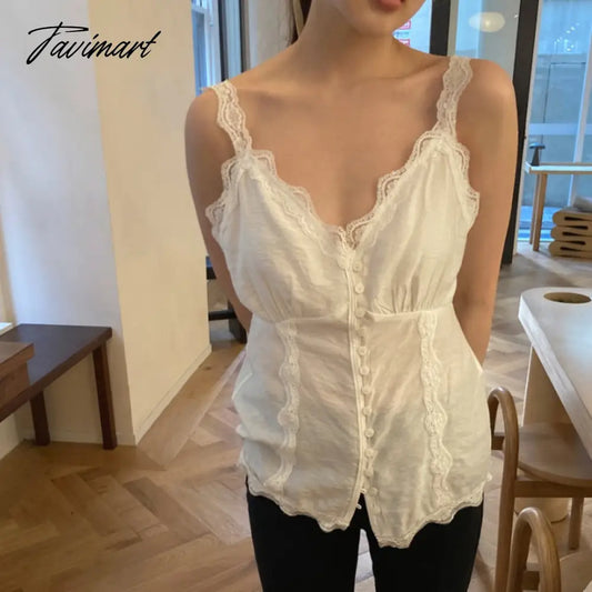 Tavimart Summer Sexy Y2k Tops Backless Lace Splicing Button V-neck White Suspender Tank Top New Korean Fashion Ropa De Mujer