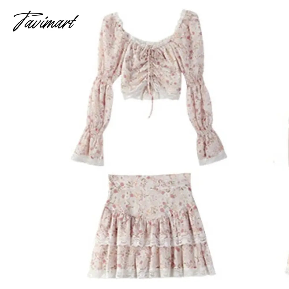 Tavimart Summer Sweet 2 Piece Dress Set Woman Korean Fashion Suit Beach Floral Y2k Mini Skirt + Casual Lace Crop Tops Elegant Chic