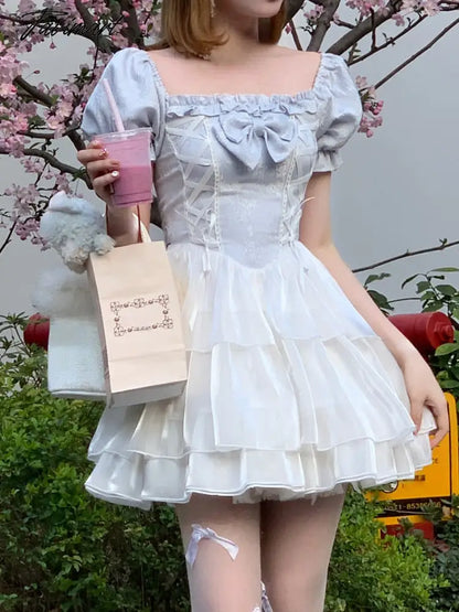 Tavimart Summer Sweet Kawaii Lolita Dress Square Collar One Piece Dress Korean Fashion Women Casual Elegant Party Y2k Mini Dress