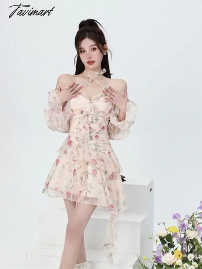 Tavimart Summer Sweet Print Floral Chiffon Dress Women Elegant Long Sleeve Ruffles Party Mini Dresses Female Korean Chic Slim Vestidos