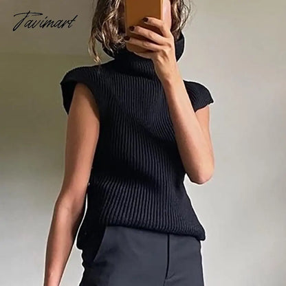 Tavimart Sweater Vest Women Hight Neck Shoulder Pads Sweater Vest Dames Knitted Jumper Autumn Winter Korean Pullover Loose Tops