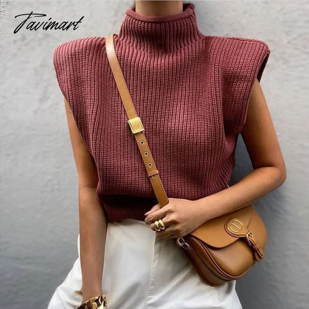 Tavimart Sweater Vest Women Hight Neck Shoulder Pads Sweater Vest Dames Knitted Jumper Autumn Winter Korean Pullover Loose Tops