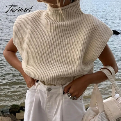 Tavimart Sweater Vest Women Hight Neck Shoulder Pads Sweater Vest Dames Knitted Jumper Autumn Winter Korean Pullover Loose Tops