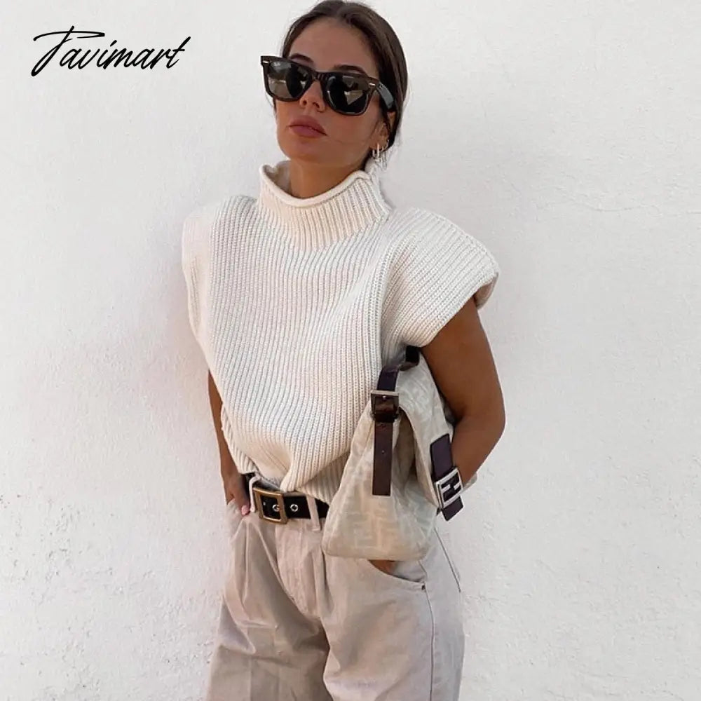 Tavimart Sweater Vest Women Hight Neck Shoulder Pads Sweater Vest Dames Knitted Jumper Autumn Winter Korean Pullover Loose Tops