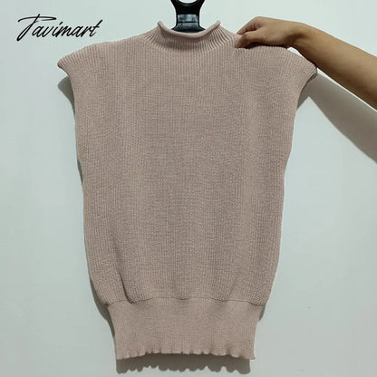 Tavimart Sweater Vest Women Hight Neck Shoulder Pads Sweater Vest Dames Knitted Jumper Autumn Winter Korean Pullover Loose Tops