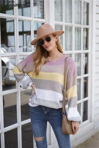 Tavimart Sweaters for Women  Fashion Korean New Autumn Winter Long Sleeve Top Pullovers LOOSE Striped Oversized Sweater O-Neck Jumper