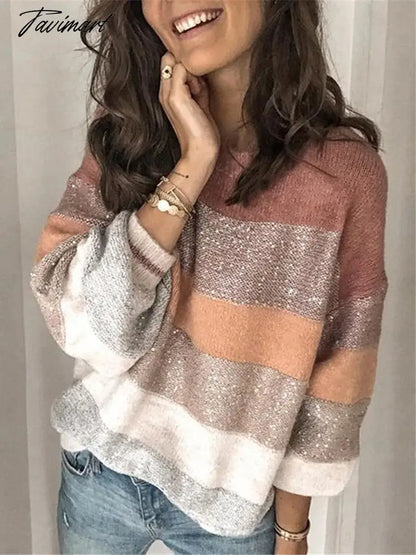 Tavimart Sweaters for Women  Fashion Korean New Autumn Winter Long Sleeve Top Pullovers LOOSE Striped Oversized Sweater O-Neck Jumper