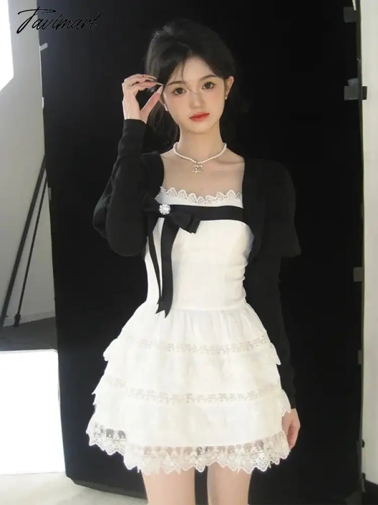 vzyzvSweet A-LINE Mini Dress Women Korean Lace Party Dress Spring Lady Elegant Lace Cake Dress Female Casual Dress With Bow