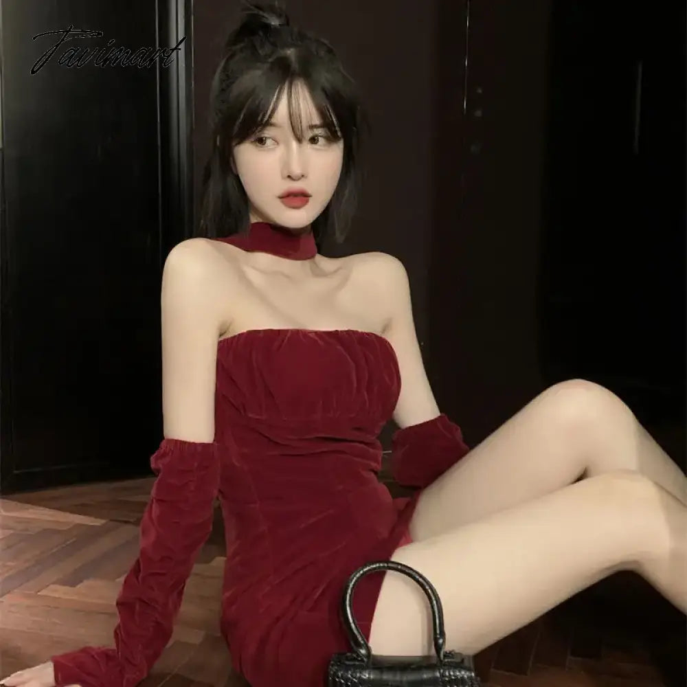 vzyzv -  Sweet Hot Girl Christmas Red Evening Dress Women's Autumn/Winter Light Luxury Velvet Strapless Red Dress Fashion Female Clothes