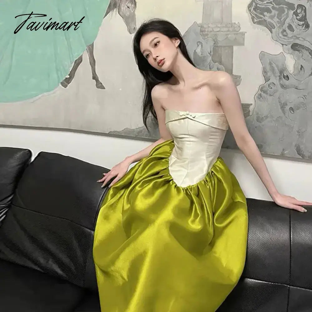 vzyzv -  Sweet Hot Girl Pure Sexy Strapless Dress Women's Spring Patchwork Satin A-line Flower Bud Long Dress Fashion Female Clothes