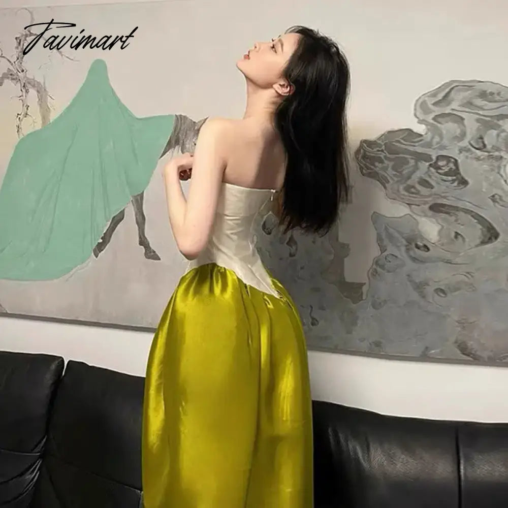 vzyzv -  Sweet Hot Girl Pure Sexy Strapless Dress Women's Spring Patchwork Satin A-line Flower Bud Long Dress Fashion Female Clothes