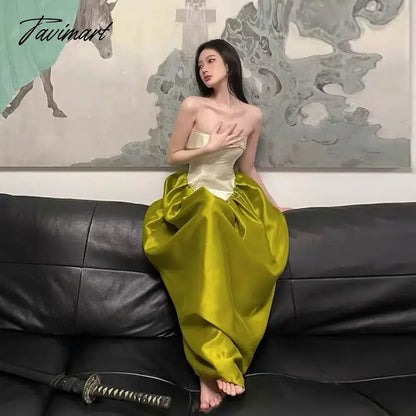 vzyzv -  Sweet Hot Girl Pure Sexy Strapless Dress Women's Spring Patchwork Satin A-line Flower Bud Long Dress Fashion Female Clothes