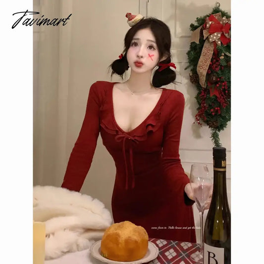 vzyzv -  Sweet Hot Girl Red Ruffled Dress Women's Autumn/Winter Long-sleeved V-neck Slim Fit A-line Medium Length Dress Female Clothes