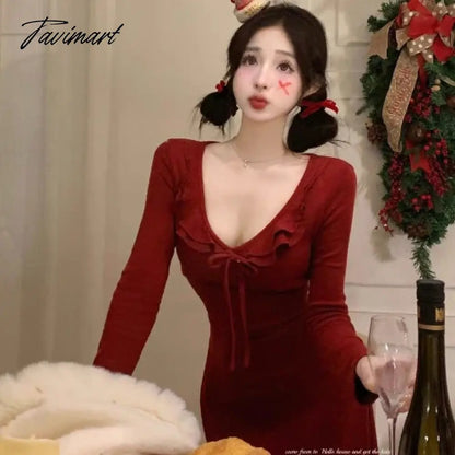 vzyzv -  Sweet Hot Girl Red Ruffled Dress Women's Autumn/Winter Long-sleeved V-neck Slim Fit A-line Medium Length Dress Female Clothes