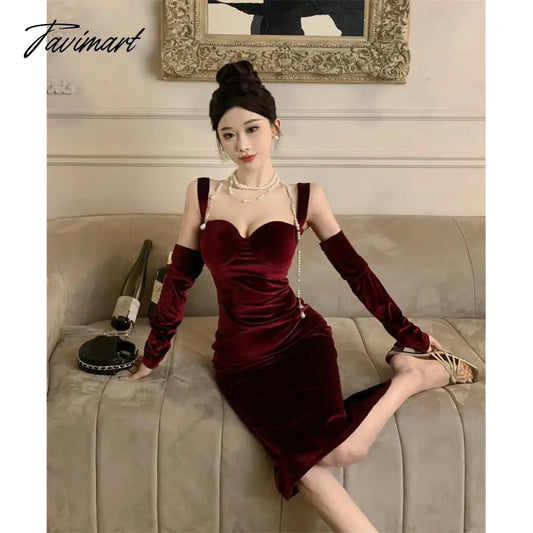 vzyzv -  Sweet Hot Girl Retro Sexy Velvet Strap Dress for Women Autumn and Winter Square Collar Split Mermaid Wrap Hip Long Evening Dress