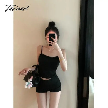 vzyzv -  Sweet Hot Girl Sexy Suit Women's Spring Slim Fit Strap Vest High Waisted Straight Leg Casual Shorts Two-piece Set Female Clothes