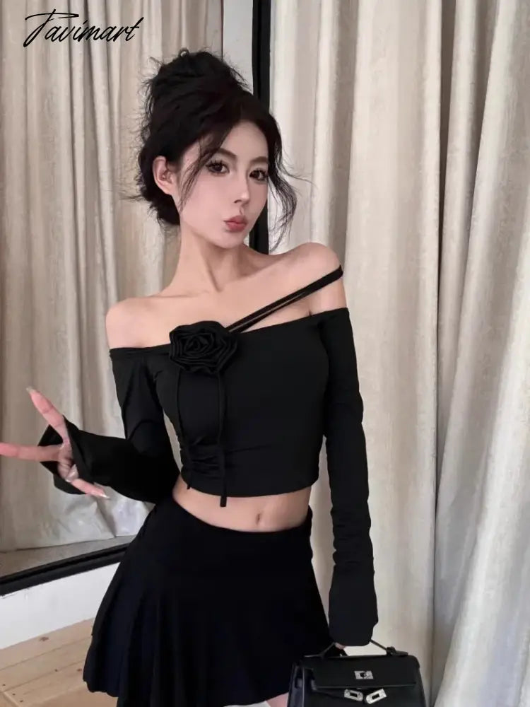 vzyzv -  Sweet Hot Girl Suit Women's Spring Off Shoulder Flower Long-sleeved T-shirt Low Waist Long Skirt Two-piece Set Female Clothes