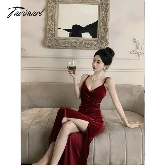 vzyzv -  Sweet Hot Girl Velvet Strap Dress Women's Autumn/Winter V-Neck Slim Fit Bottom Split Evening Long Dress Fashion Female Clothes