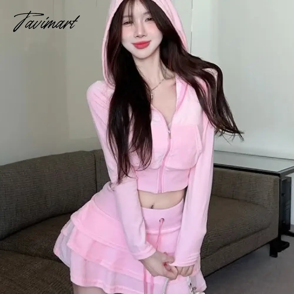 vzyzv -  Sweet Hot Girl Velvet Suit Women's Autumn/winter Pink Zipper Hooded Long-sleeved Coat High Waisted A-line Skirt Two-piece Set