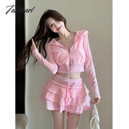 vzyzv -  Sweet Hot Girl Velvet Suit Women's Autumn/winter Pink Zipper Hooded Long-sleeved Coat High Waisted A-line Skirt Two-piece Set