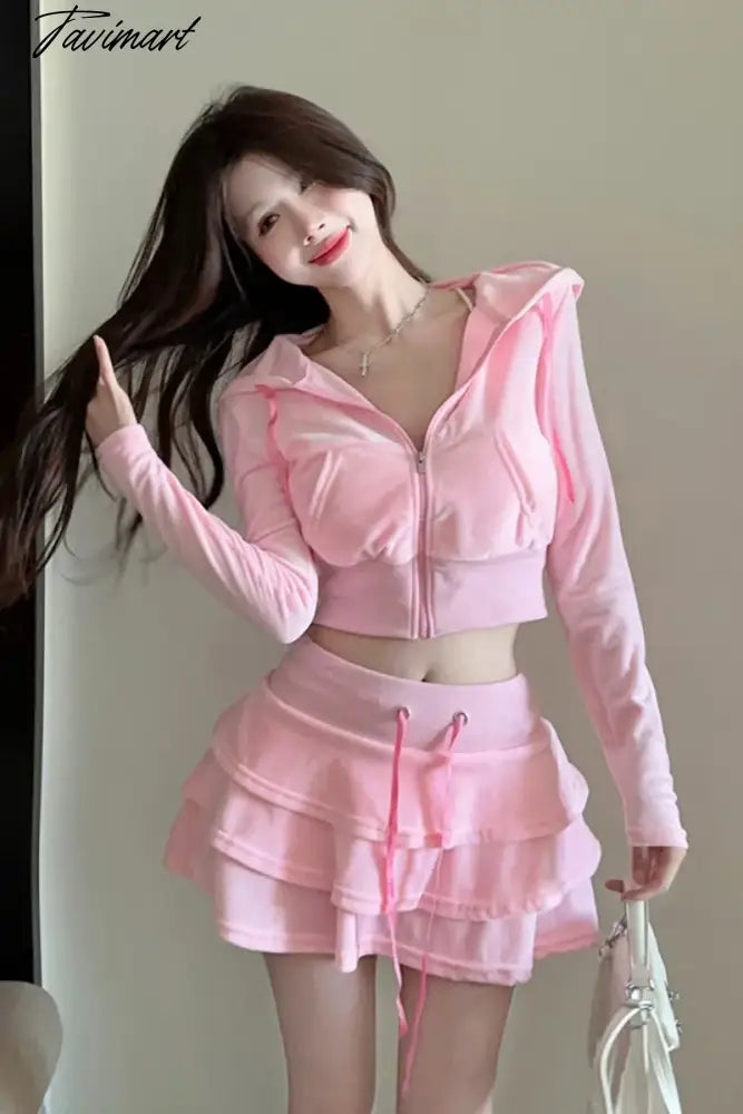 vzyzv -  Sweet Hot Girl Velvet Suit Women's Autumn/winter Pink Zipper Hooded Long-sleeved Coat High Waisted A-line Skirt Two-piece Set