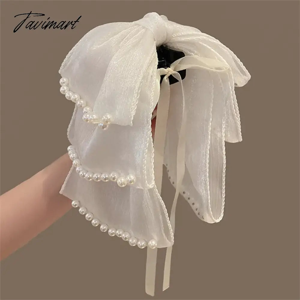 Tavimart Sweet Triple Bow Hair Clips Handmade Pearl Tassel Hair Claw Clips Women Elegant Bowknot Ponytail Clip Korean Girl Headdress Gift