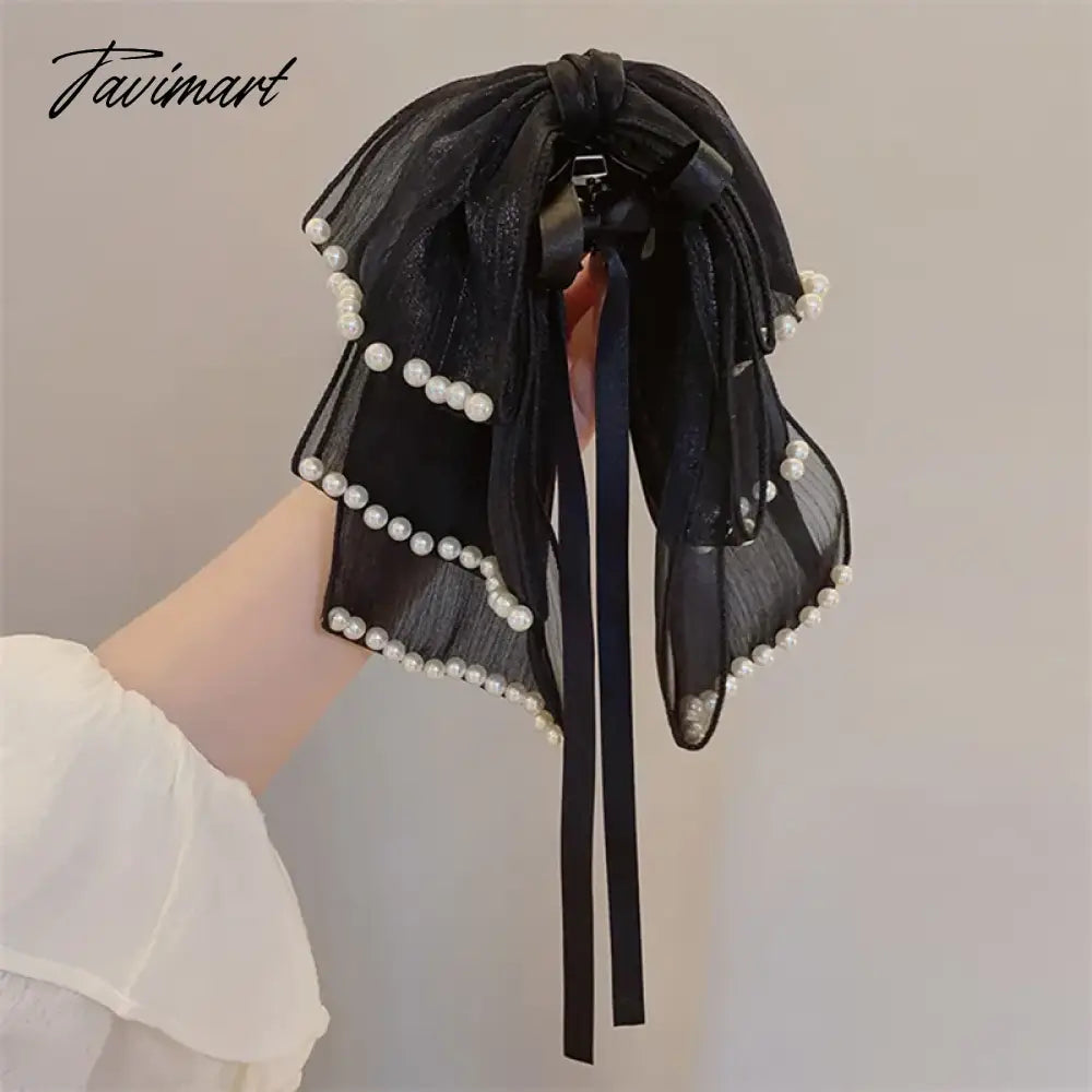 Tavimart Sweet Triple Bow Hair Clips Handmade Pearl Tassel Hair Claw Clips Women Elegant Bowknot Ponytail Clip Korean Girl Headdress Gift