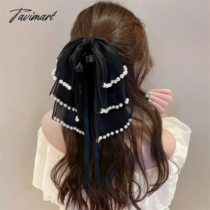 Tavimart Sweet Triple Bow Hair Clips Handmade Pearl Tassel Hair Claw Clips Women Elegant Bowknot Ponytail Clip Korean Girl Headdress Gift