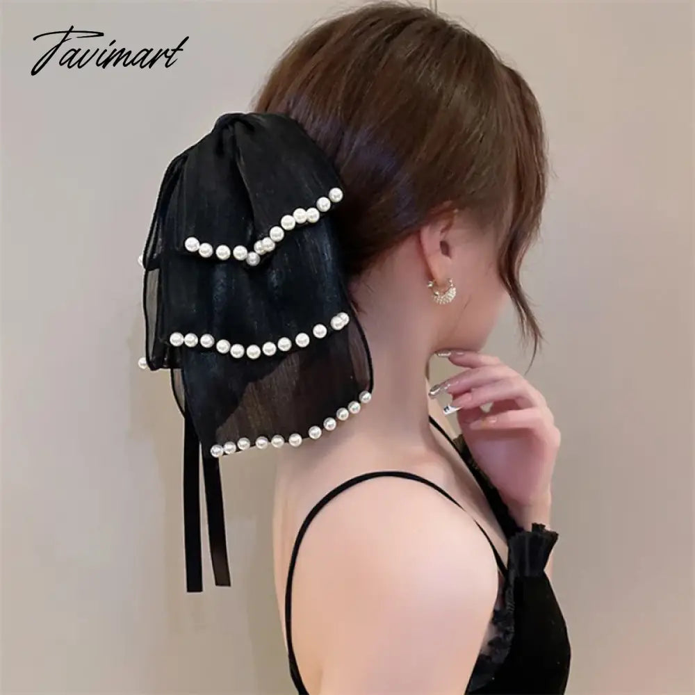 Tavimart Sweet Triple Bow Hair Clips Handmade Pearl Tassel Hair Claw Clips Women Elegant Bowknot Ponytail Clip Korean Girl Headdress Gift