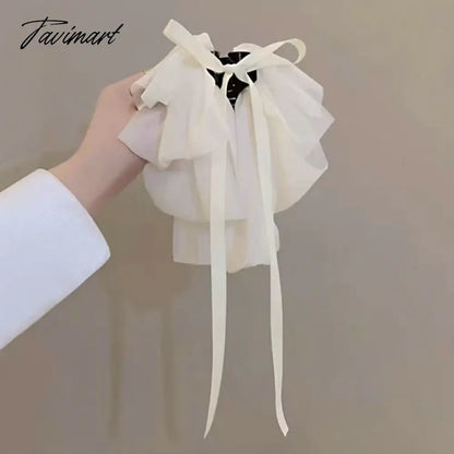 Tavimart Sweet Triple Bow Hair Clips Handmade Pearl Tassel Hair Claw Clips Women Elegant Bowknot Ponytail Clip Korean Girl Headdress Gift