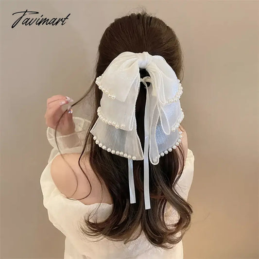 Tavimart Sweet Triple Bow Hair Clips Handmade Pearl Tassel Hair Claw Clips Women Elegant Bowknot Ponytail Clip Korean Girl Headdress Gift