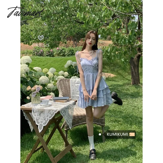 vzyzvTie-dye Lace-up Dress Women Spring Back Hollowed Out Suspender Skirt A-line Skirt Korean Fashion Dresses for Women