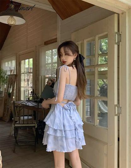 vzyzvTie-dye Lace-up Dress Women Spring Back Hollowed Out Suspender Skirt A-line Skirt Korean Fashion Dresses for Women