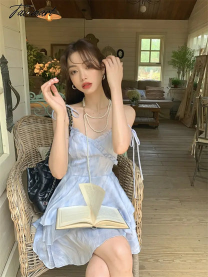 vzyzvTie-dye Lace-up Dress Women Spring Back Hollowed Out Suspender Skirt A-line Skirt Korean Fashion Dresses for Women