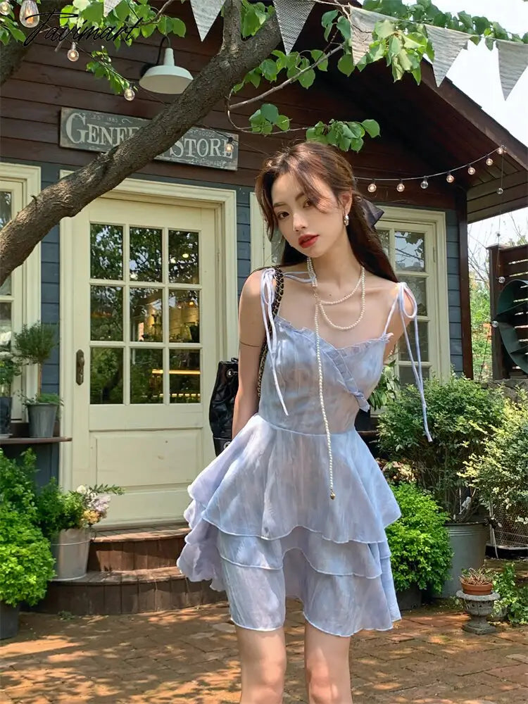 vzyzvTie-dye Lace-up Dress Women Spring Back Hollowed Out Suspender Skirt A-line Skirt Korean Fashion Dresses for Women